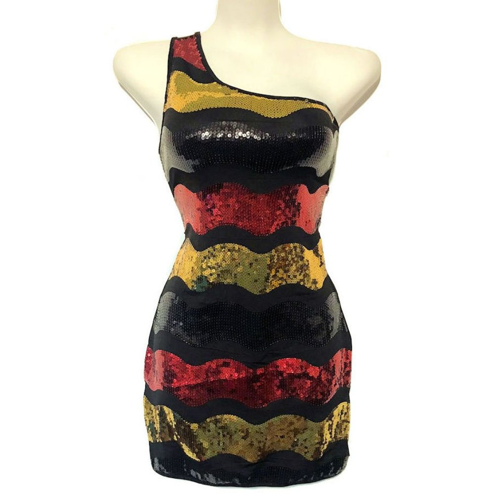 NWT Sexy Red Gold & Black Sequin Mini Dress MEDIUM